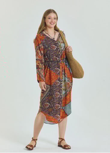 Shirt Collar Belt Detailed Coffee Patterned Casual Plus Size Dress 4614